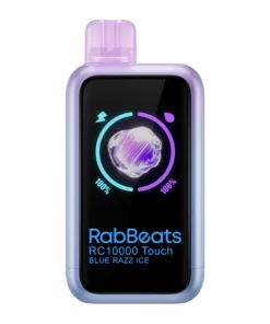 RabBeats RC10000 Touch disposable vape displaying the active color touchscreen with e-liquid droplet and battery lightning bolt status icons.