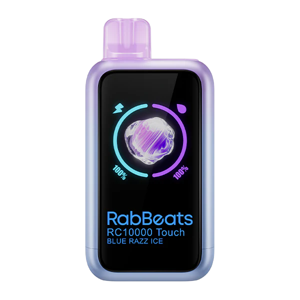 RabBeats RC10000 Touch disposable vape displaying the active color touchscreen with e-liquid droplet and battery lightning bolt status icons.